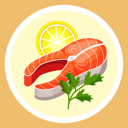 Steak of red fish on plate. Garnish slice of lemon with greens. Delicious, refined and nutritious food for breakfast, lunch and dinner. European cuisine salmon fish traditional dish food. Useful foodのイラスト素材