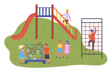 Modern kindergarten. Children play on the playground. Girl and boy playing a puzzle, boy climbing stairs, child is playing on a slide. The new modern sports ground with various training apparatusのイラスト素材