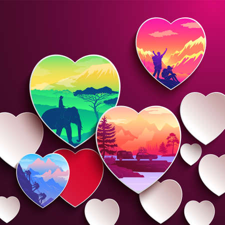 Adventure time, poster template in heart shape frames. Road trip around the world. Active lifestyle concept. Outdoors sports recreation and extreme sport. Travelling people and leisure at natureのイラスト素材