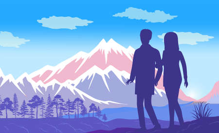 A couple of people admire the beautiful mountain landscape, holding hands. People on the background of fir trees, pines and rocks. Active lifestyle. Sports and recreation. Flat vector illustrationのイラスト素材