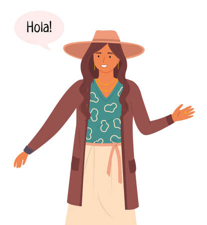 A young smiling Hispanic girl in national dress says Hello. Spanish woman welcomes in their native language. Cultural and linguistic differences. Spain, Chile, Latin America woman. Flat imageのイラスト素材