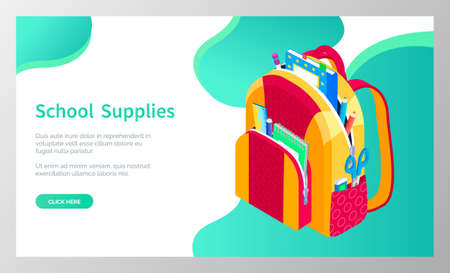 Colored school backpack. Education and study back to school, schoolbag luggage, rucksack vector illustration. Kids school bag with education equipment. Backpacks with study supplies. Student satchelsのイラスト素材