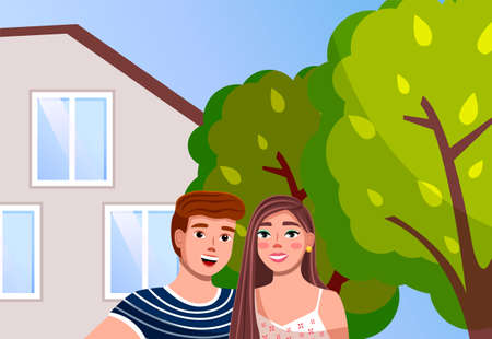 Couple man and woman at the modern family villa house with green trees in the home garden. Smiling lovers at private residential architecture, town house cottage. Family cottage house illustrationのイラスト素材
