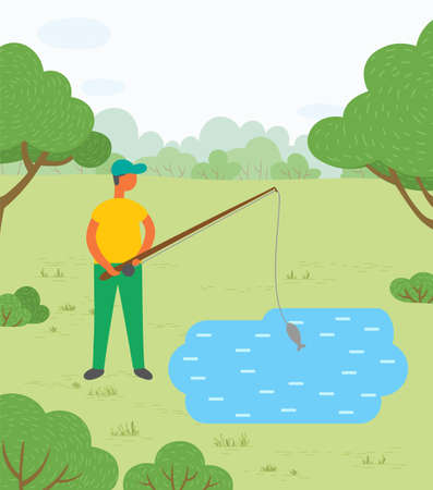 Man standing near lake or pond with rod. Person fishing on mere and just caught fish called carp. Male doing hobby outdoor. Beautiful landscape of park on background. Vector illustration in flat styleのイラスト素材
