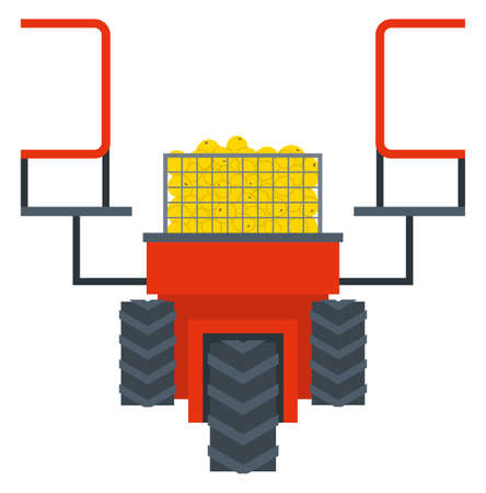 Agricultural machinery vector, isolated machine for harvesting and picking apples. Lifter with wheels and platform to stand, container with fruits apples. Harvest platform for pick organic productsのイラスト素材
