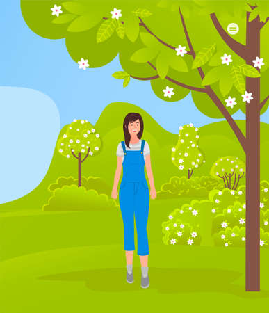 Young smiling girl stands in the middle of a blossoming green park or forest. Woman walking or posing in a city park, forest. Sport and recreation.のイラスト素材