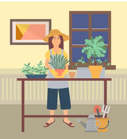 Hobby of woman growing flowers in house. Pastime of character with instruments, bucket and shovelのイラスト素材