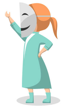 Drama club, child character activity in play, posing kid wearing mask. Personage giving performance theatre and acting hobby in school illustration in flat style designのイラスト素材