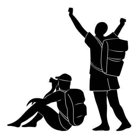 Silhouette of a man sitting with a camera and a person with a backpack raising his hands up isolated on white background. Photographer with a backpack on his shoulders is siting and taking a photoのイラスト素材
