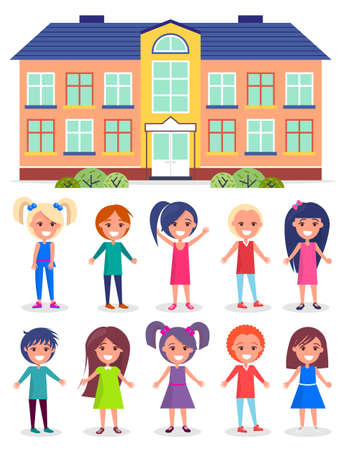 Building of kindergarten or school. Group of children pupils smiling. Pretty girls and adorable boys portraits. Back to school. Building exterior with blue roof, big windows. Schoolboys, schoolgirlsのイラスト素材