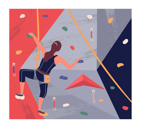 Climbing wall training. Young brunette girl climbing at training wearing sportswear rock wall. Woman using special equipment, rope. Bouldering sport. Leisure activity, sports trainingのイラスト素材