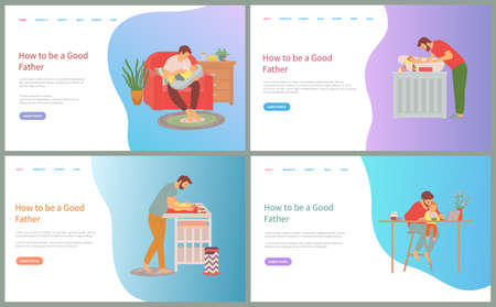 How to be good father vector, man caring for child feeding baby and washing, changing diapers of newborn kid, person working from home set. Website or slider app, landing page flat styleのイラスト素材