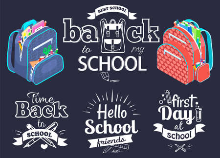 Back to school concept, black vector banner with bright schoolbag. Quote back to school with school supplies. Poster, kids bright backpack with education equipment. Set of hand drawn icons on blackのイラスト素材