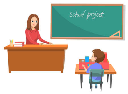 Classroom with teacher and boy vector, room with blackboard and project inscription. Tutor sitting by table asking pupil material of lesson, back to school concept. Flat cartoonのイラスト素材