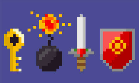Pixel game icons vector, isolated set of golden key unlocking doors, sword with razor and handle, shield and bomb with fire made from explosion flat styleのイラスト素材