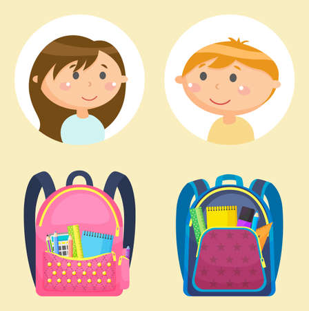 Students or pupils and schoolbags with stationery, school children avatars, girl and boy vector. Rucksacks with pen and pencil, calculator and ruler. Back to school concept. Flat cartoonのイラスト素材