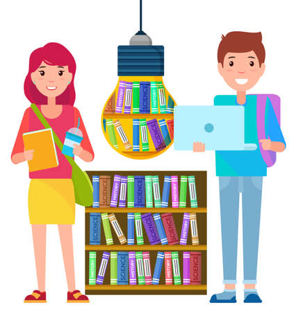 Distant education, home learning, students and book library vector. Books or textbooks, knowledge and studying subjects, laptop. Pupils or students with backpacks, online classes and homeworkのイラスト素材