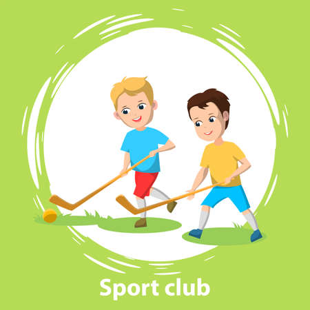 Sport school club, young boys playing field hockey on grass with sticks and ball. Team game for active leisure time after classes. Vector illustration in flat cartoon styleのイラスト素材