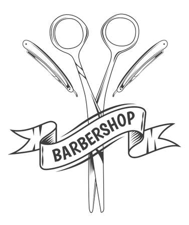 Barbershop scissors and razor blades with decorative tape with text. Black and white old poster. Vintage barbershop lettering for signboard, label, sticker, poster, print for clothes,  templateのイラスト素材