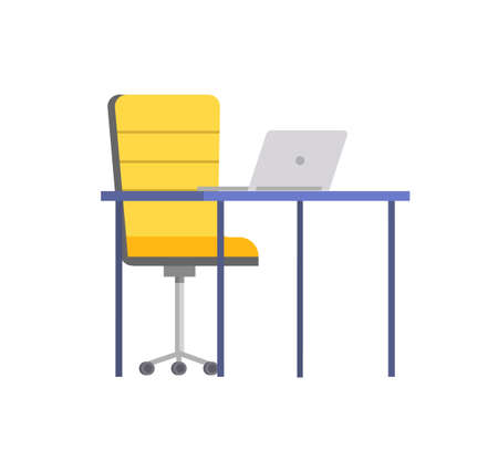 Desktop with opening laptop, office armchair, workplace decoration by computer and table with empty chair isolated on white, modern equipment vectorのイラスト素材