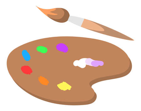Wooden plate palette with colors vector, isolated paintbrush flat style instrument for drawing and creating masterpieces. Talent and creativity, inspiration for artworks creation illustration designのイラスト素材