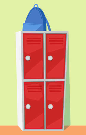 Backpack on locker, school element, case for keeping objects. Haversack and red storage in school, nobody educational place, luggage and chest vectorのイラスト素材
