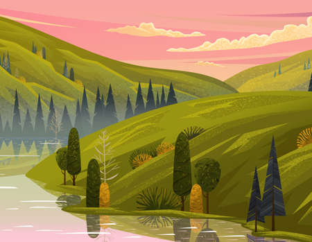 Beautiful evening landscape with pink clouded sky and mountains, green lawns. View at summer scenery with river, hills, trees, pie-trees. Nature reflect in water. Nobody around. Beautiful nature sceneのイラスト素材