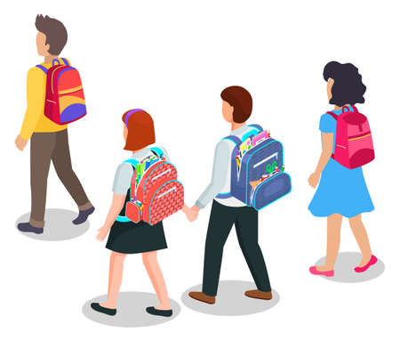 Education, children going to school with backpacks or schoolbags vector. Boys and girls carrying rucksacks with stationery, pupils or students, kids. Back to school concept. Flat cartoon isometric 3dのイラスト素材
