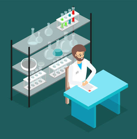 Doctor in a medical laboratory. Medical worker in the uniform siting at a table and checking the results of tests. Scientist in science education research lab with flasks and laboratory equipmentのイラスト素材