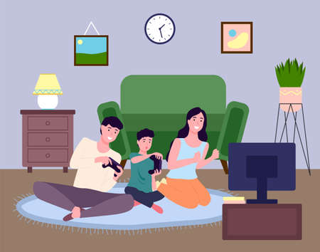 Family plays video games together on the carpet in the living room. Sharing a fun time during quarantine. Spending good time. Home fun activities. A cozy living room. Stay at home and be safeのイラスト素材