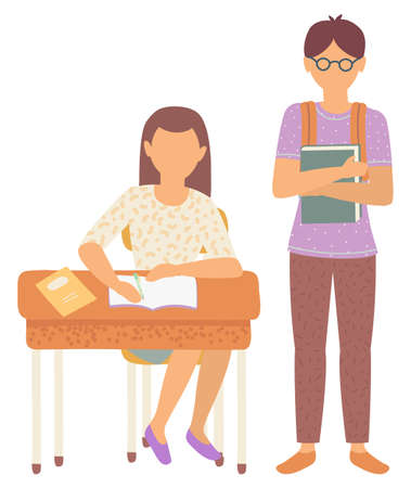 Boy and girl classmates in school vector, isolated schoolboy and schoolgirl flat style characters. Female sitting by wooden desk writing composition. Back to school concept. Flat cartoonのイラスト素材