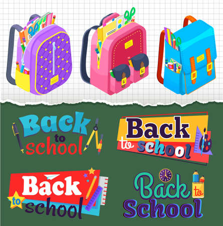 Back to school concept banner vector, set of satchels with supplies and textbooks. Scissors and pencils, ruler and tools for education Flat cartoonのイラスト素材