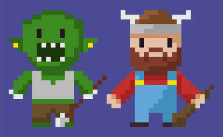 Pixel game graphics characters vector, isolated man with horns on hat, hero with weapon, zombie...
