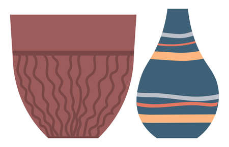 Vintage crockery, traditional ancient Greece ceramic jugs, earthenware craft. Vector pottery containers with wavy lines, isolated vessel hobby sign, retro vaseのイラスト素材