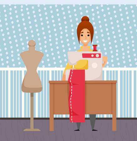 Smiling female character manufacturing clothes, seamstress sews dress in sewing machine, mannequin symbol indoor, dotted wallpaper, hobby atelier vectorのイラスト素材