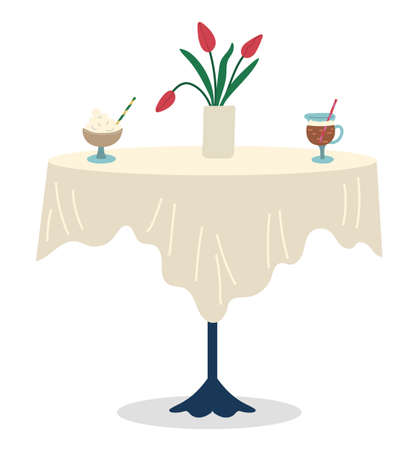 Cafe table with tablecloth and served drinks. Cappuccino or latte in glasses with straws. Vase with tulips decoration of coffeehouse or restaurant. Desserts for two, romantic dinner vector in flatのイラスト素材