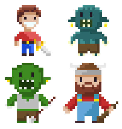 Superhero knight and geek with teeth characters isolated on white, portrait view of beast and...