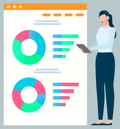 Data on whiteboard vector, presentation on board flat style secretary. Businesslady wearing headphones, presenter with diagram and segments, conferenceのイラスト素材