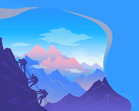 Climbing on mountain. Silhouette traveling people. Vector illustration hiking and climbing team. Squad of three mountaineer alpinists with backpacks climb the slope of the mountain with a taut ropeのイラスト素材