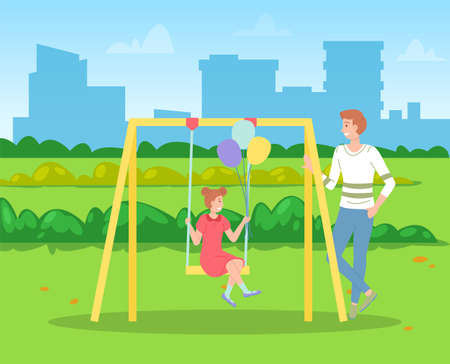 Man walking with daughter, girl swinging on a slide swing at the playing field. Happy cartoon kid holding baloons, playing on the backyard with father. Childrens summer playground, outdoor activitiesのイラスト素材