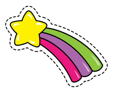 Cute star with rainbow tail, kids children kawaii style vector illustration isolated on white background. Cartoon element with dashed line contour. Yellow five pointed star flies with colored ribbonsのイラスト素材