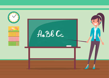 Classroom interior vector, teacher on lesson explaining material of class. Female character standing by blackboard showing abc, teaching to read and write, back to school concept, flat cartoonのイラスト素材