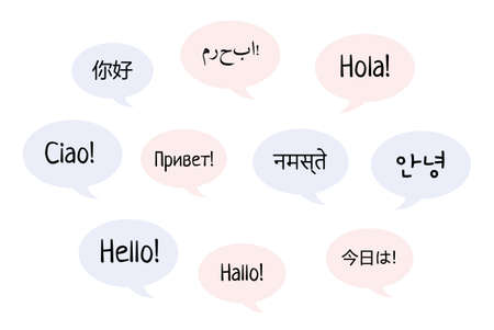 Greetings in different languages of the world. Word Hello in different languages in the clouds. English, Chinese, German, Russian. Diverse cultures, international communication concept. Flat imageのイラスト素材