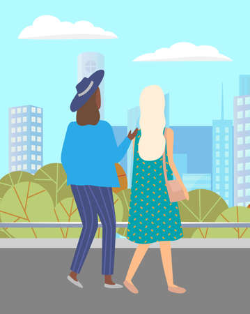 Women walking down the street. Meeting of girlfriends outdoor. Two friends women walking in city against the background of the cityscape of tall buildings. Female with bag and in hat summertimeのイラスト素材