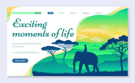 Web site for travelers concept. Exciting moments of life banner web page design. Elephant in African...
