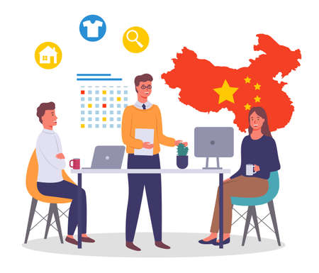 Business meeting in office with partners from china about the conclusion trade cooperation. Businessmen siting in office at a table discuss a plan about collaboration. Business meeting trade relationsのイラスト素材