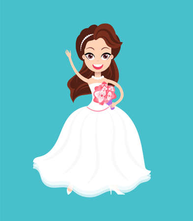Woman standing in dress waving hand, smiling bride holding bouquet of flowers, portrait view of newlywed character, hen-party or wedding invitation vectorのイラスト素材