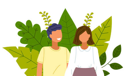 Healthy lifestyle and care for nature. Happy couple smiling and laughing, embracing and touching tenderly on the background of greenery and big green leaves. Nature conservation society conceptのイラスト素材