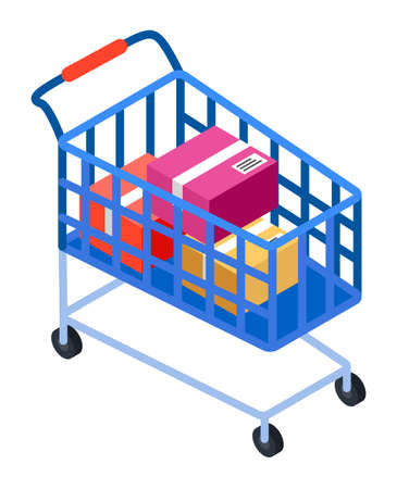 Shopping cart on wheels with colorful boxes flat style vector illustration on white. Shopping cart with shopping purchases. Basket with postal parcels, shipping by mail. Supermarket shopping trolleyのイラスト素材