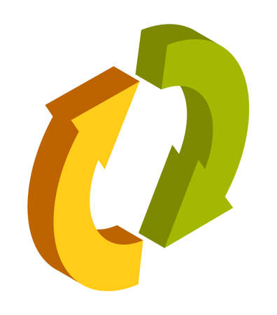 Two arrows for graph green and yellow isolated on white background. Abstract refresh icon vector illustration. Green technology ecosystem sign volumetric circular arrows. Eco-friendly conceptのイラスト素材